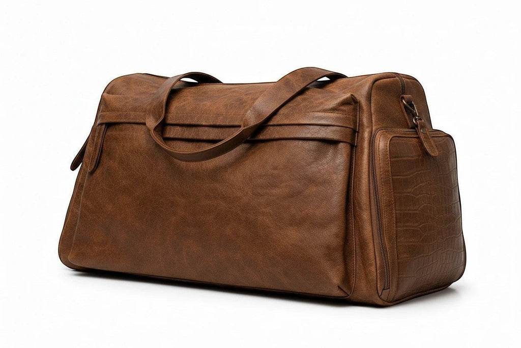 Barutti Toscana brown distressed leather weekender duffel bag with side zip pocket.