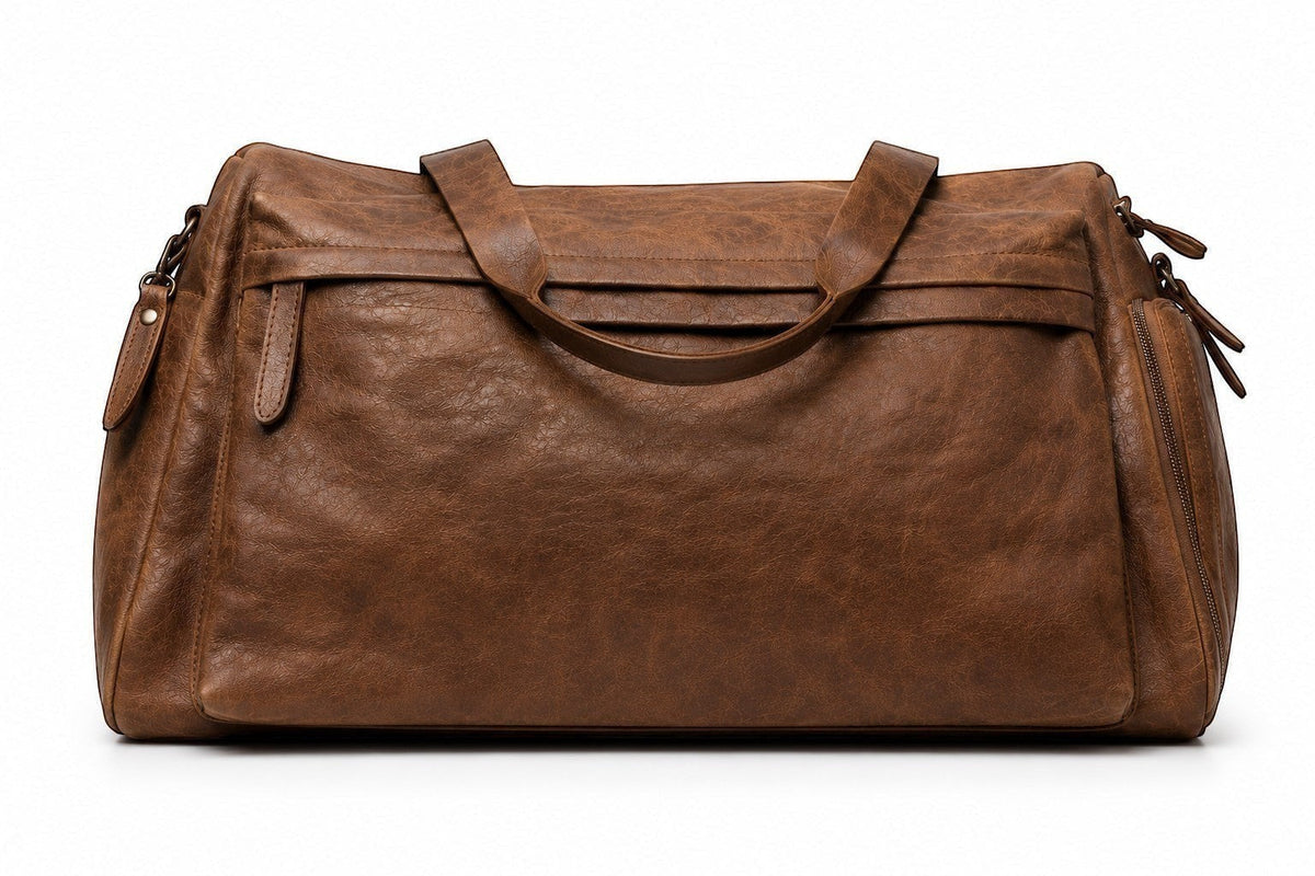 Barutti Toscana brown distressed leather weekender duffel bag with brass zippers.