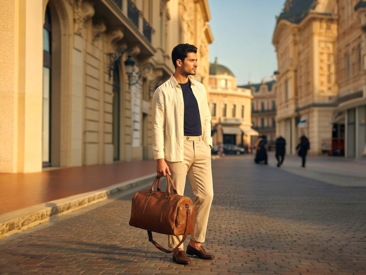 Man holding a Barutti Toscana brown distressed leather weekender duffel on a city street.