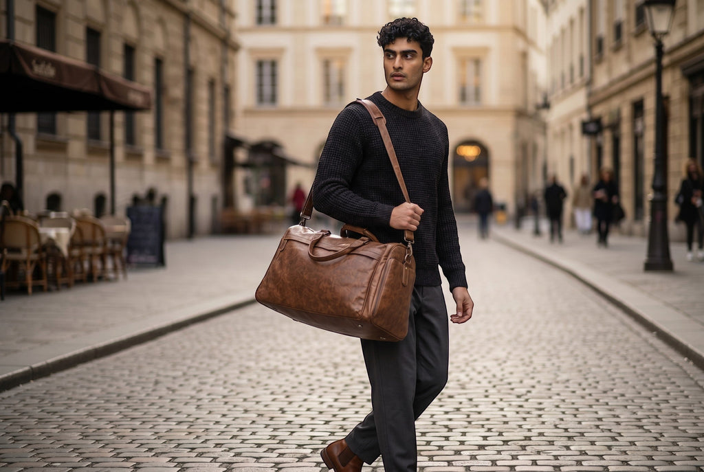 Man carrying a Barutti Toscana distressed leather weekender duffel bag on a city street.