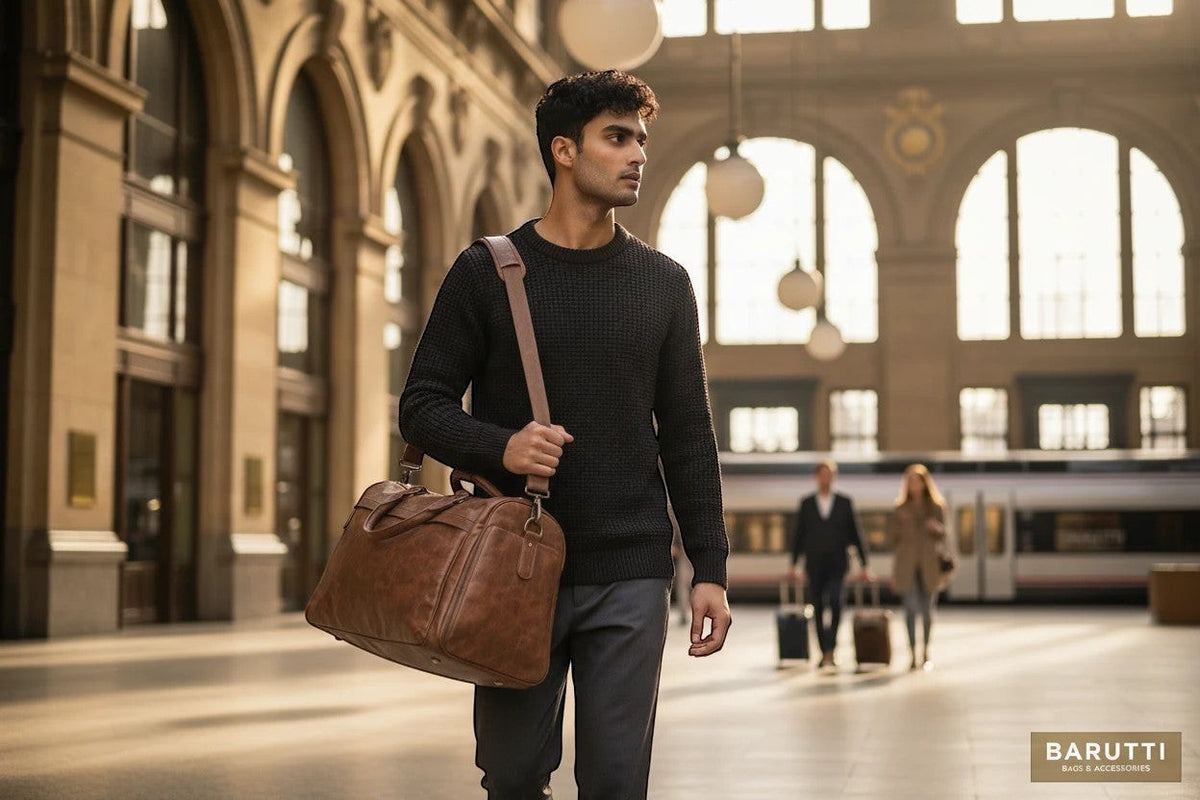 Man carrying a Barutti Toscana distressed leather weekender duffel bag at a train station