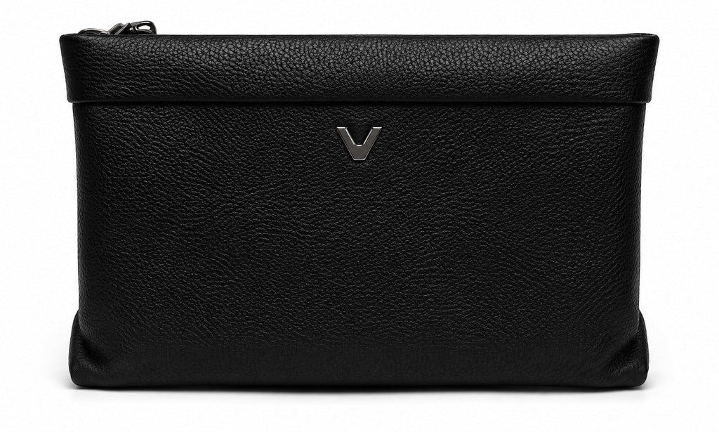 Barutti Trento black pebbled leather zip pouch with a minimalist metal logo accent.