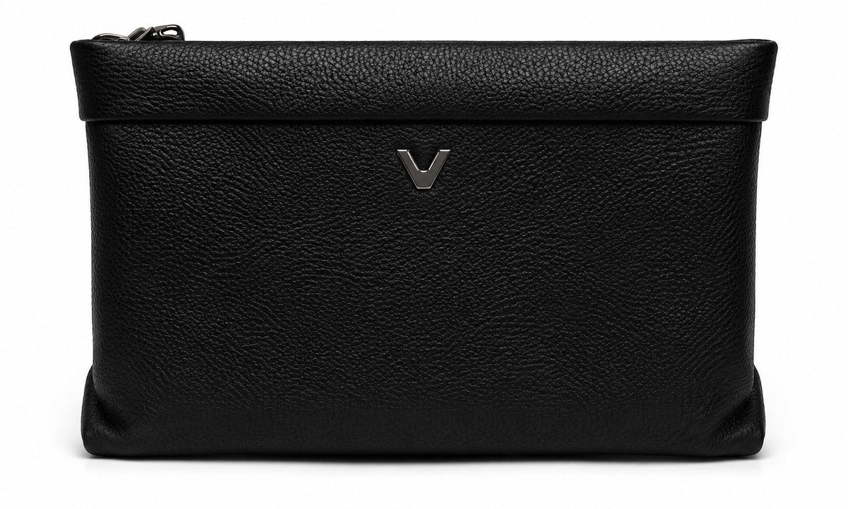 Barutti Trento black pebbled leather zip pouch with a minimalist metal logo accent.