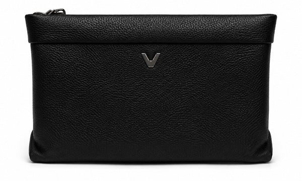 Barutti Trento black pebbled leather zip pouch with a minimalist metal logo accent.