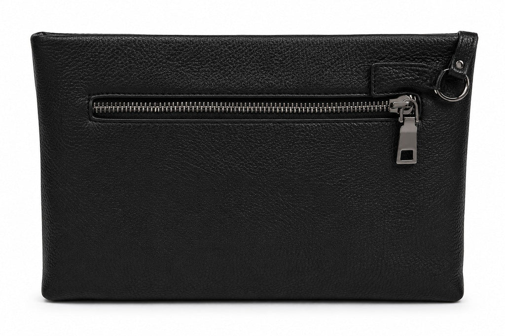 Barutti The Trento black pebbled leather zip pouch with a wrist loop and brass zipper.