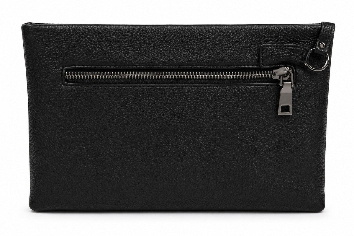 Barutti The Trento black pebbled leather zip pouch with a wrist loop and brass zipper.