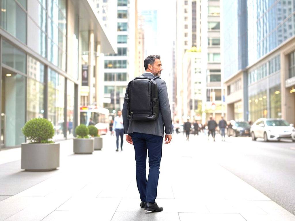 Man wearing a black Barutti Vicenza leather laptop backpack in a city business district.