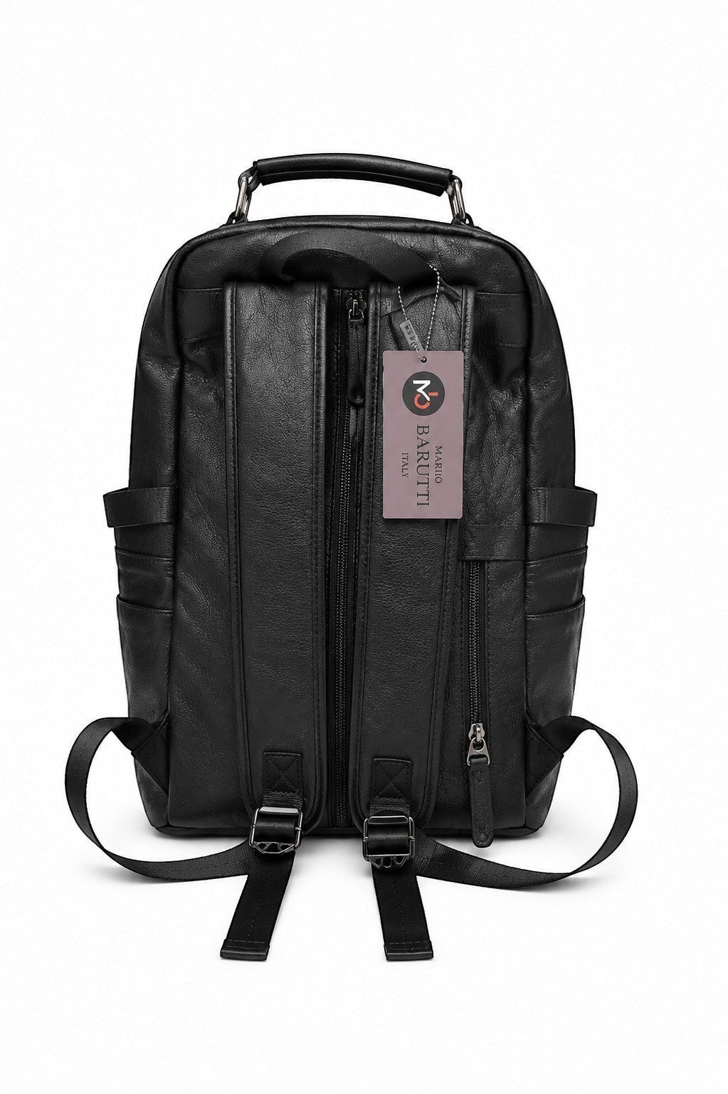 Back view of Barutti Vicenza black leather laptop backpack with padded straps.
