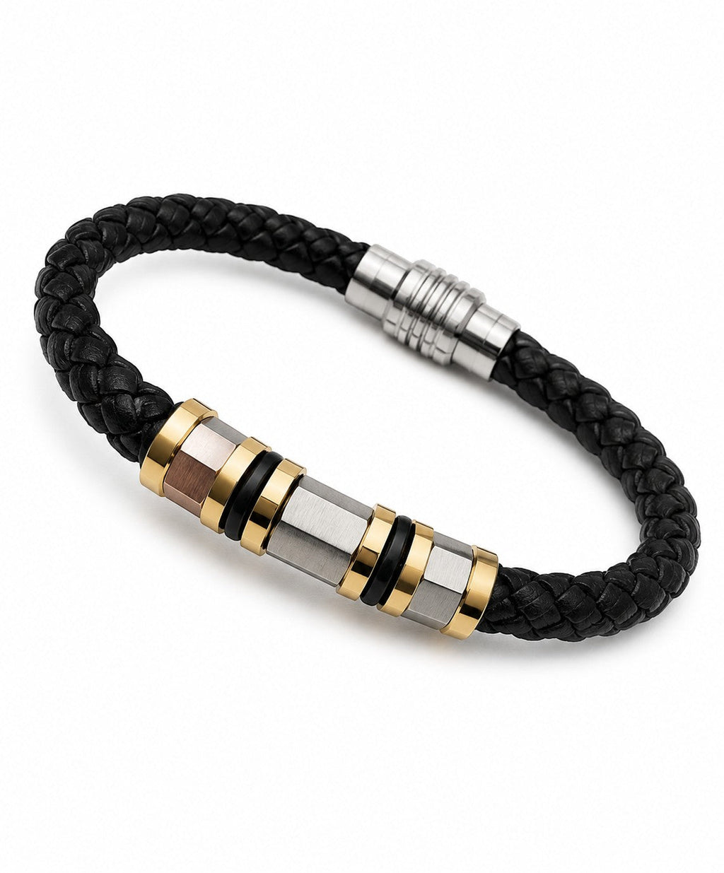 Barutti black braided leather bracelet with brushed stainless steel and gold-tone metal accents.