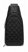 Barutti The Capri black leather chest sling with woven basket-texture panel and brass zippers.