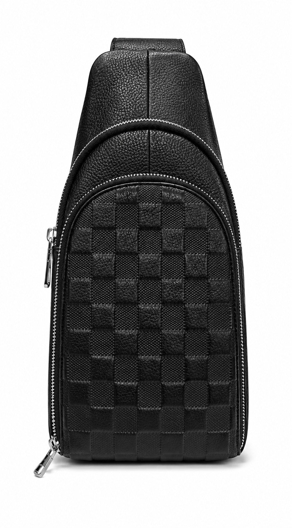 Barutti The Capri black leather chest sling with woven basket-texture panel and brass zippers.