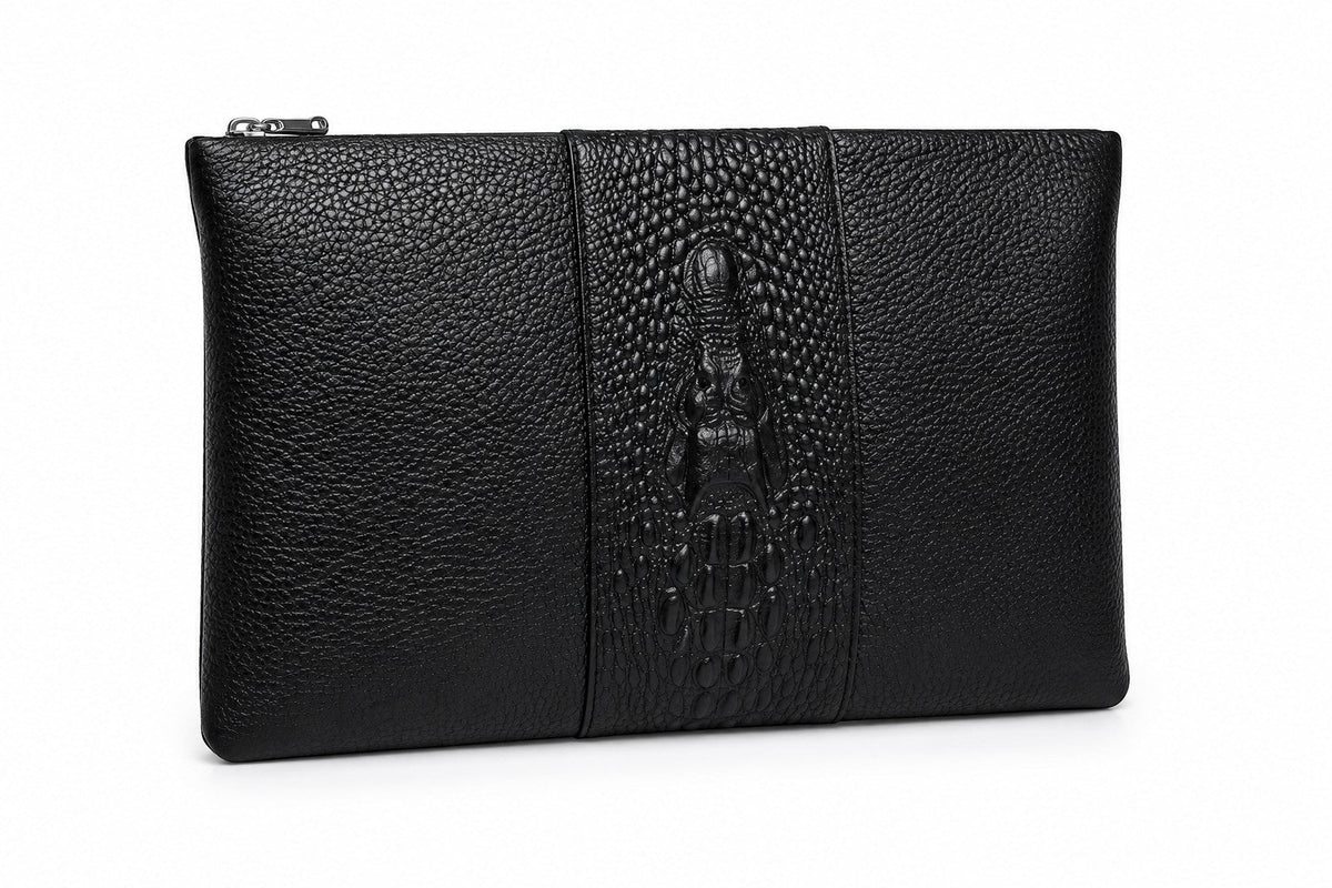 Barutti The Milano black pebbled leather zip clutch with a crocodile-embossed centre band.
