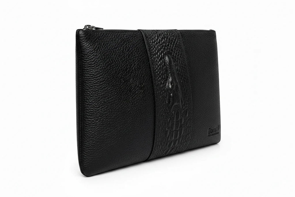 Barutti Milano black pebbled leather zip clutch with a crocodile-embossed centre band.