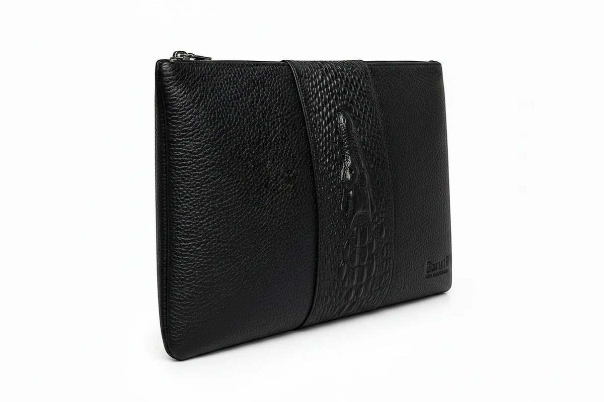 Barutti Milano black pebbled leather zip clutch with a crocodile-embossed centre band.