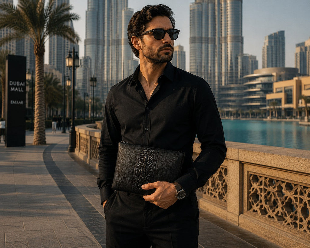 Man in black shirt holding a Barutti Milano black pebbled leather zip clutch with croc-embossed band