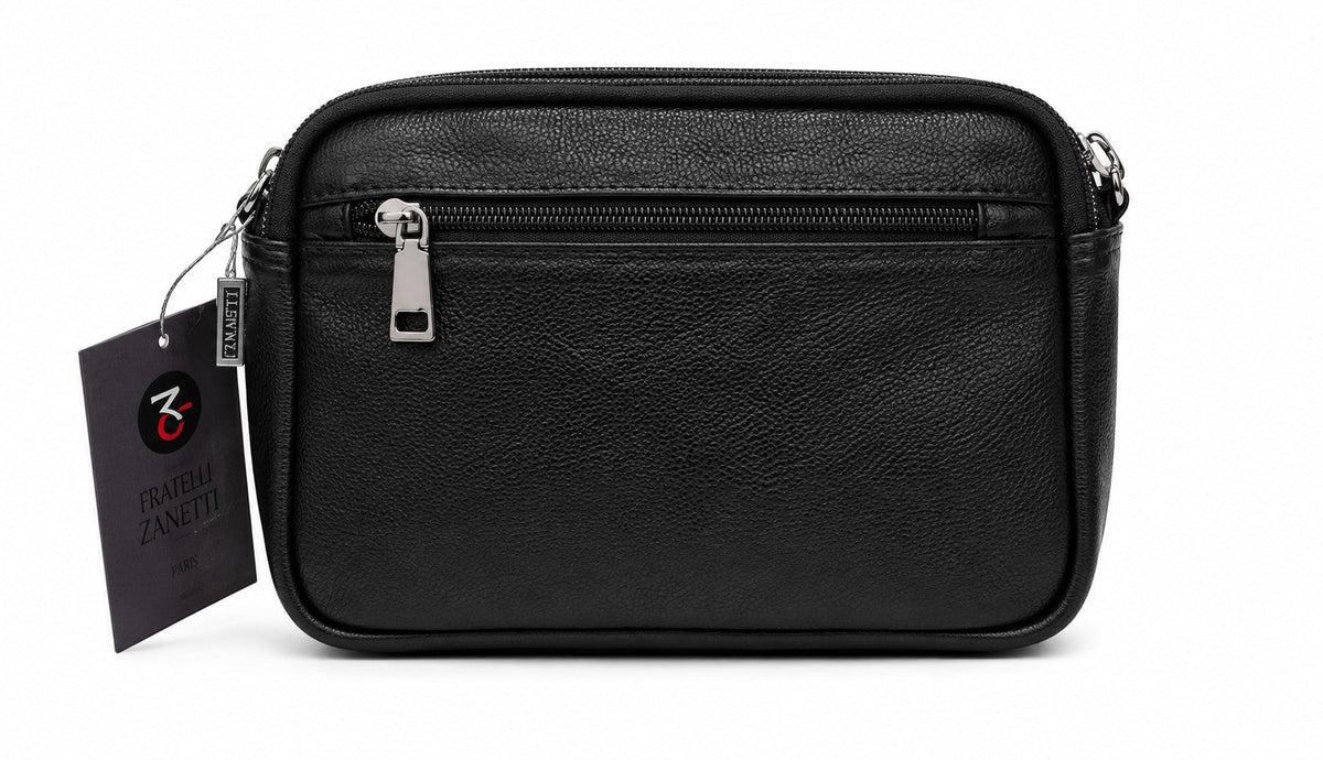 Barutti The Ravenna black pebbled leather box crossbody bag with brass zipper details.
