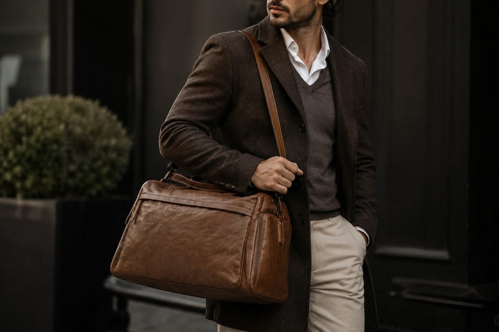 Man in a suit carrying a Barutti Toscana brown distressed leather weekender duffel bag.
