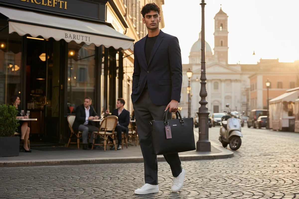 Man in suit carrying a black leather Barutti Genova briefcase on a cobblestone street.