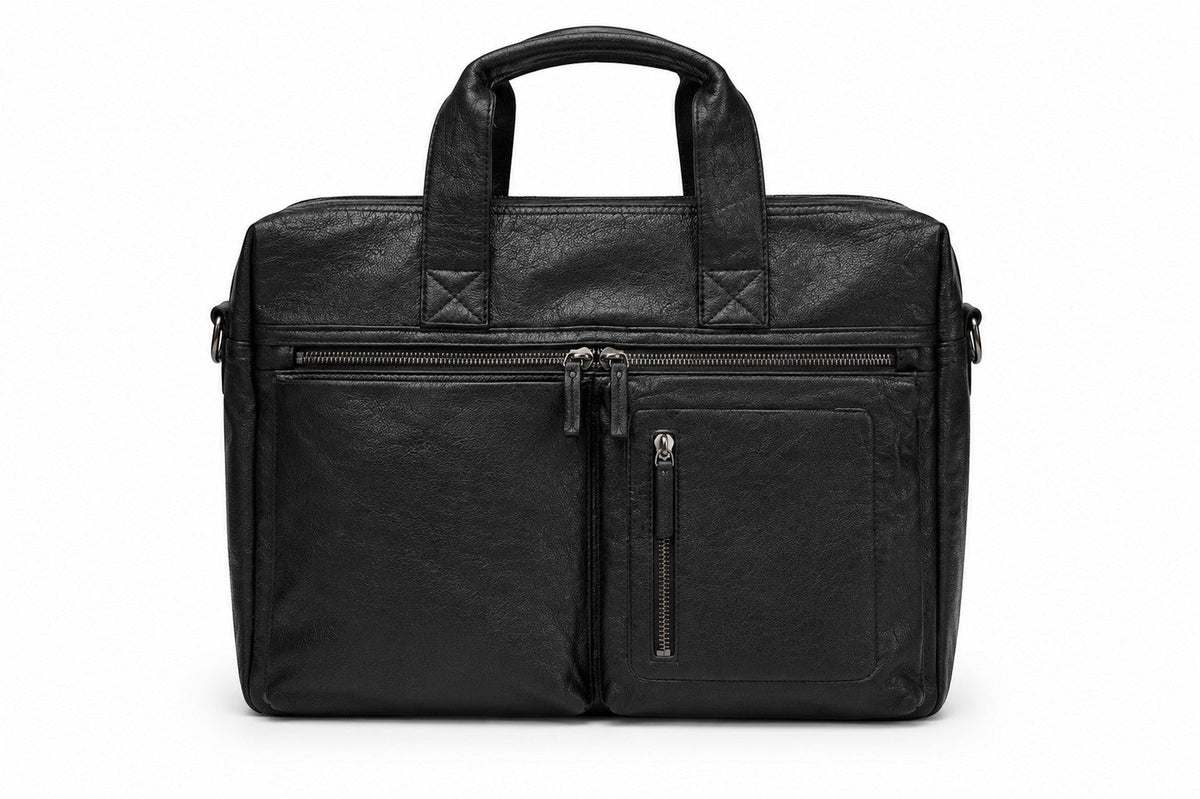 Barutti The Modena black leather laptop bag with brass zippers and front pockets.