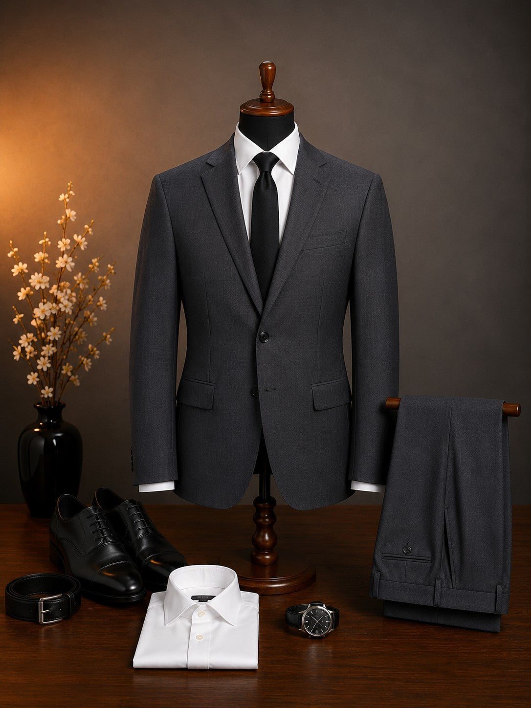 Barutti charcoal Super 150's wool two-piece formal suit with white shirt and tie, Mario Barutti Dubai