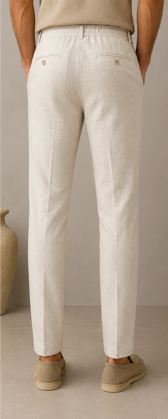 Mario Barutti beige linen drawstring trousers with MB monogram, back view, Mario Barutti Dubai
