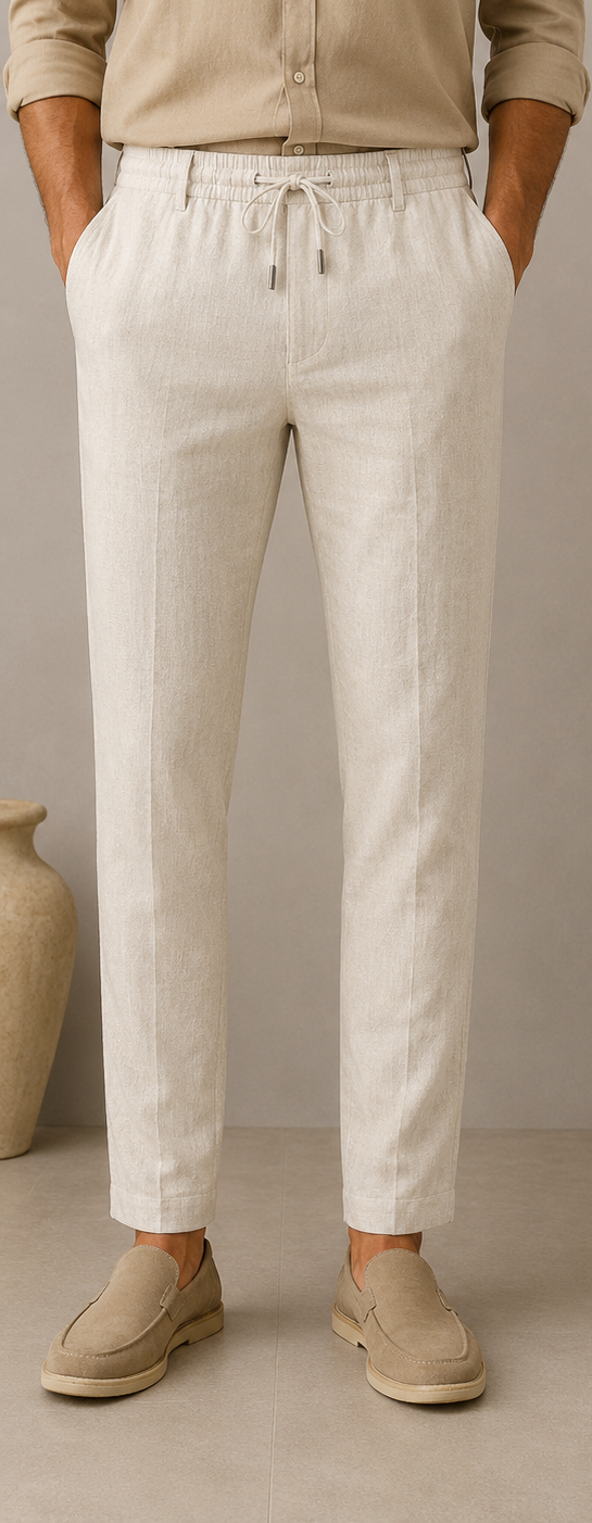Man wearing Mario Barutti beige linen drawstring trousers, front view, Mario Barutti Dubai