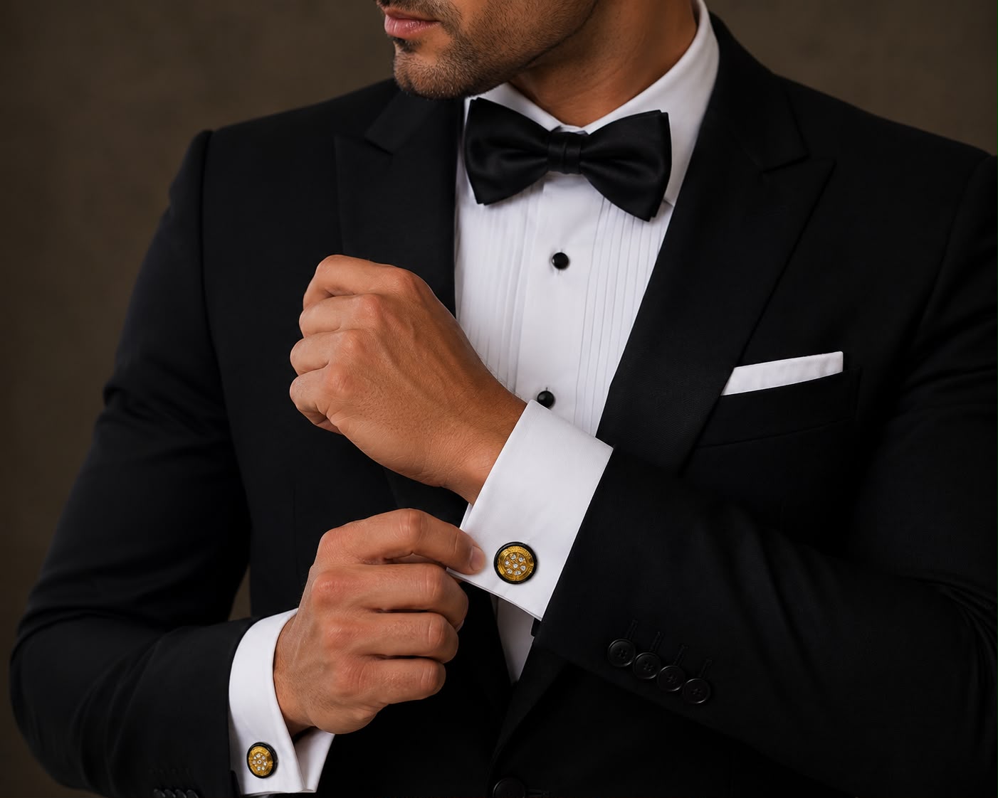 Black and gold crystal round cufflinks worn on a French-cuff tuxedo shirt