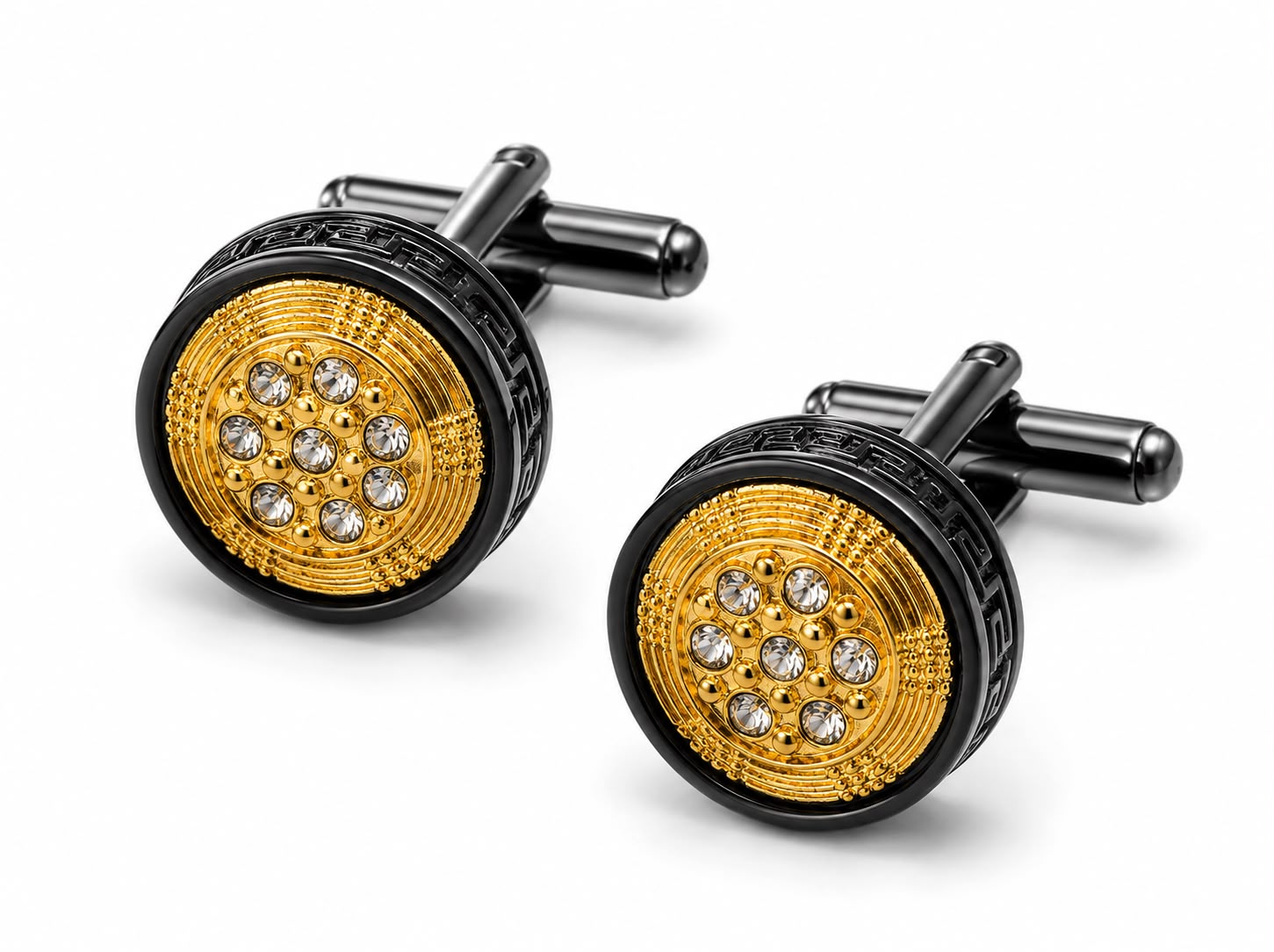 Black and gold crystal round cufflinks — Mario Barutti