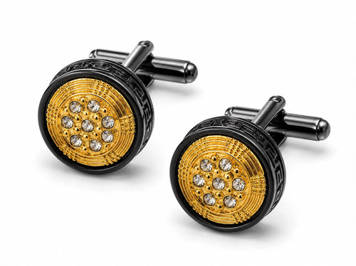 Black and gold crystal round cufflinks — Mario Barutti