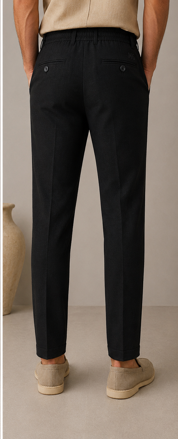 Mario Barutti black linen drawstring trousers with MB monogram, back view, Mario Barutti Dubai