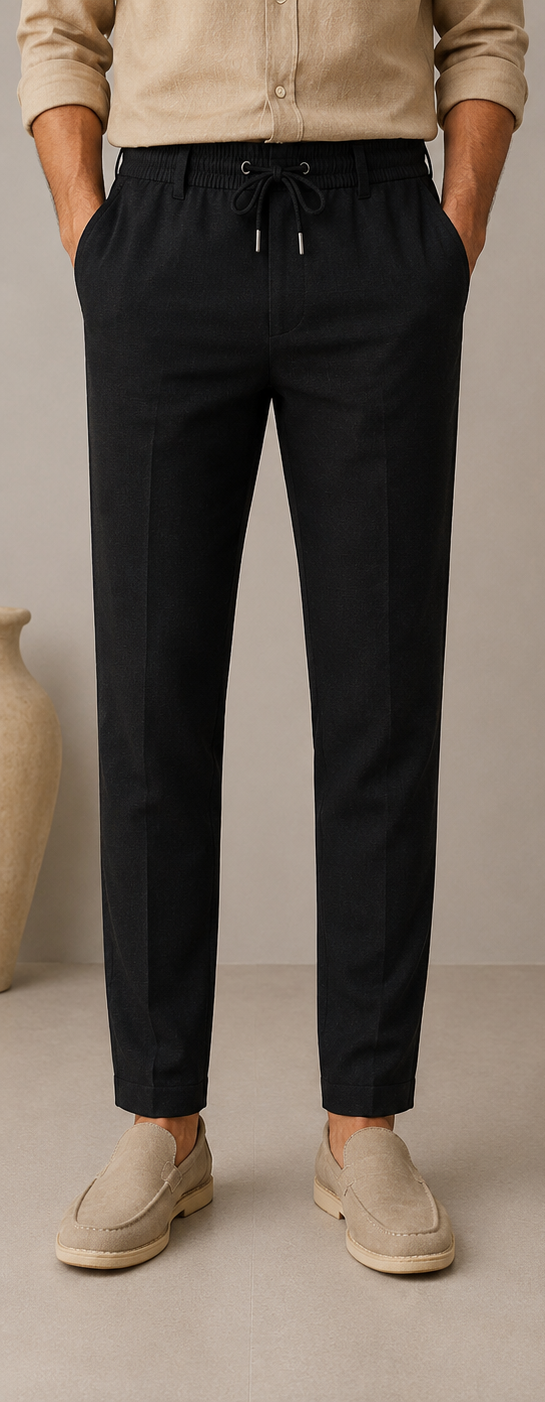 Man wearing Mario Barutti black linen drawstring trousers, front view, Mario Barutti Dubai