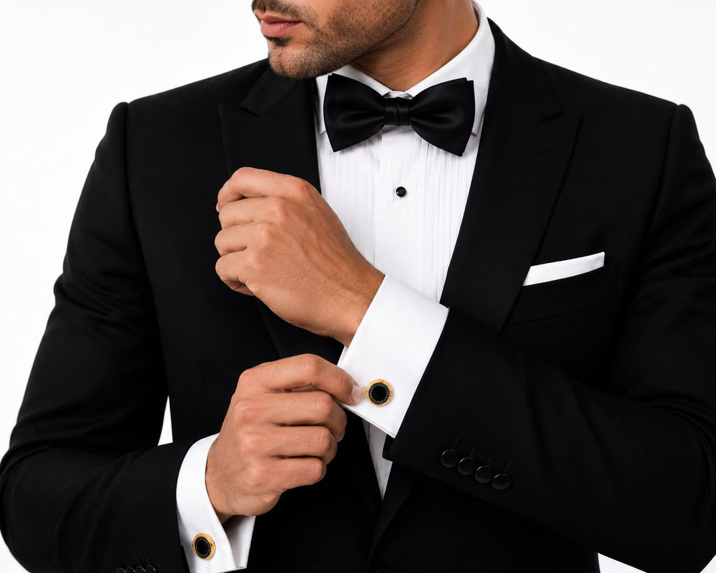 Gold and black round cufflinks worn on a French-cuff tuxedo shirt