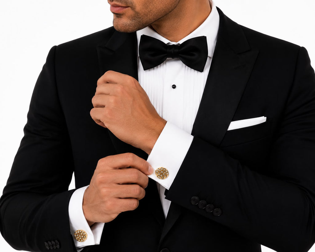Gold crystal pavé oval cufflinks worn on a French-cuff tuxedo shirt