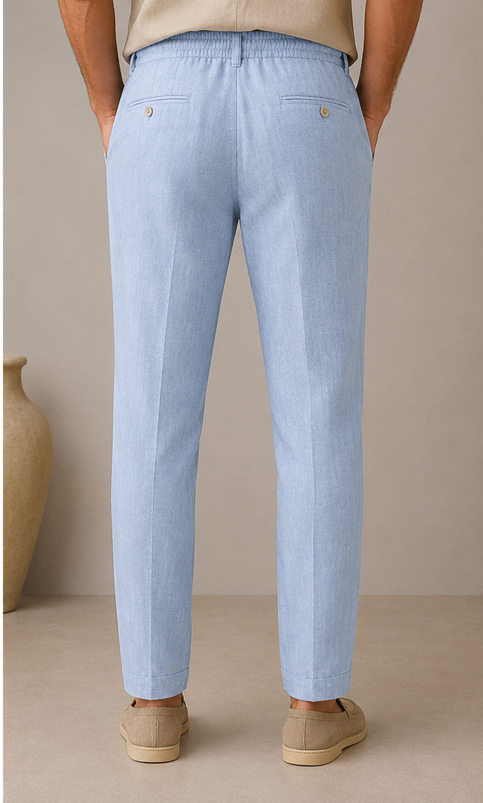 Mario Barutti light blue linen drawstring trousers with MB monogram, back view, Mario Barutti Dubai