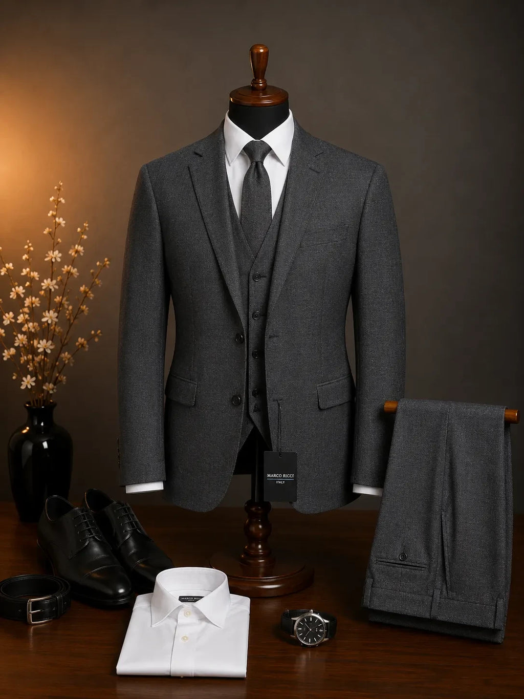 Marco Ricci charcoal three-piece formal suit with waistcoat and white shirt, Mario Barutti Dubai