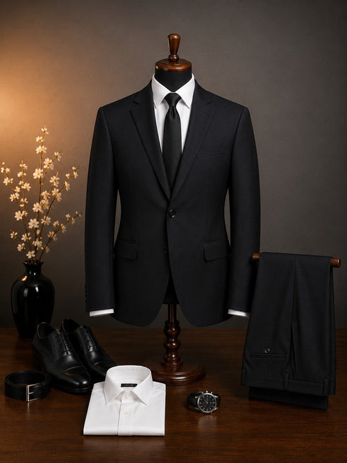 Barutti black Super 150's wool two-piece formal suit with white shirt and tie, Mario Barutti Dubai