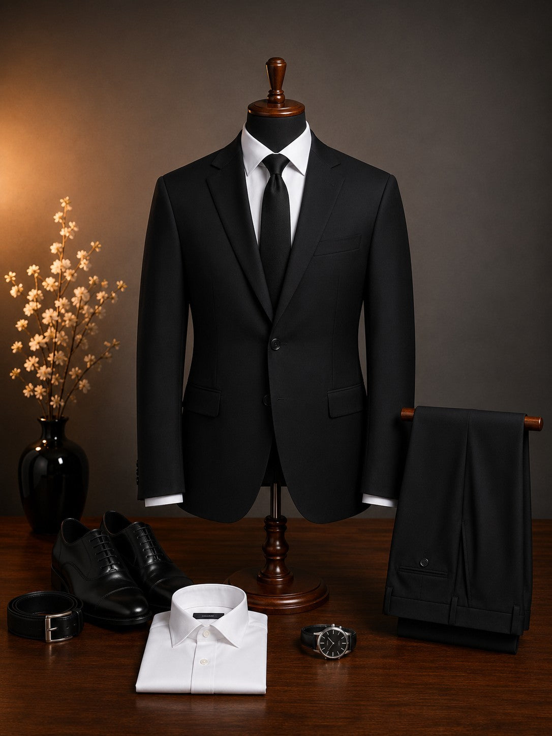 Mario Barutti classic black two-piece formal suit with white shirt and black tie, Mario Barutti Dubai