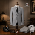 Man wearing Mario Barutti grey two-piece wool suit with notch lapels, Mario Barutti Dubai