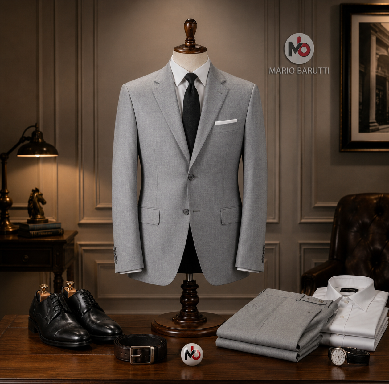 Man wearing Mario Barutti grey two-piece wool suit with notch lapels, Mario Barutti Dubai