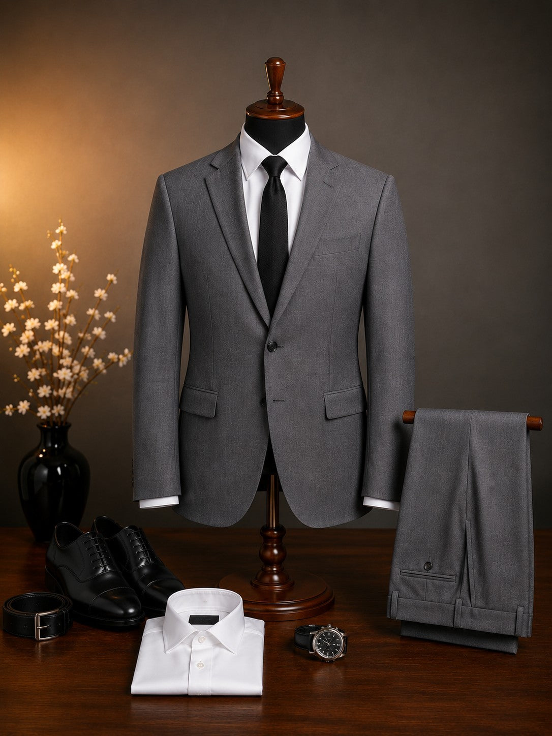 Mario Barutti light charcoal two-piece formal suit with white shirt and tie, Mario Barutti Dubai