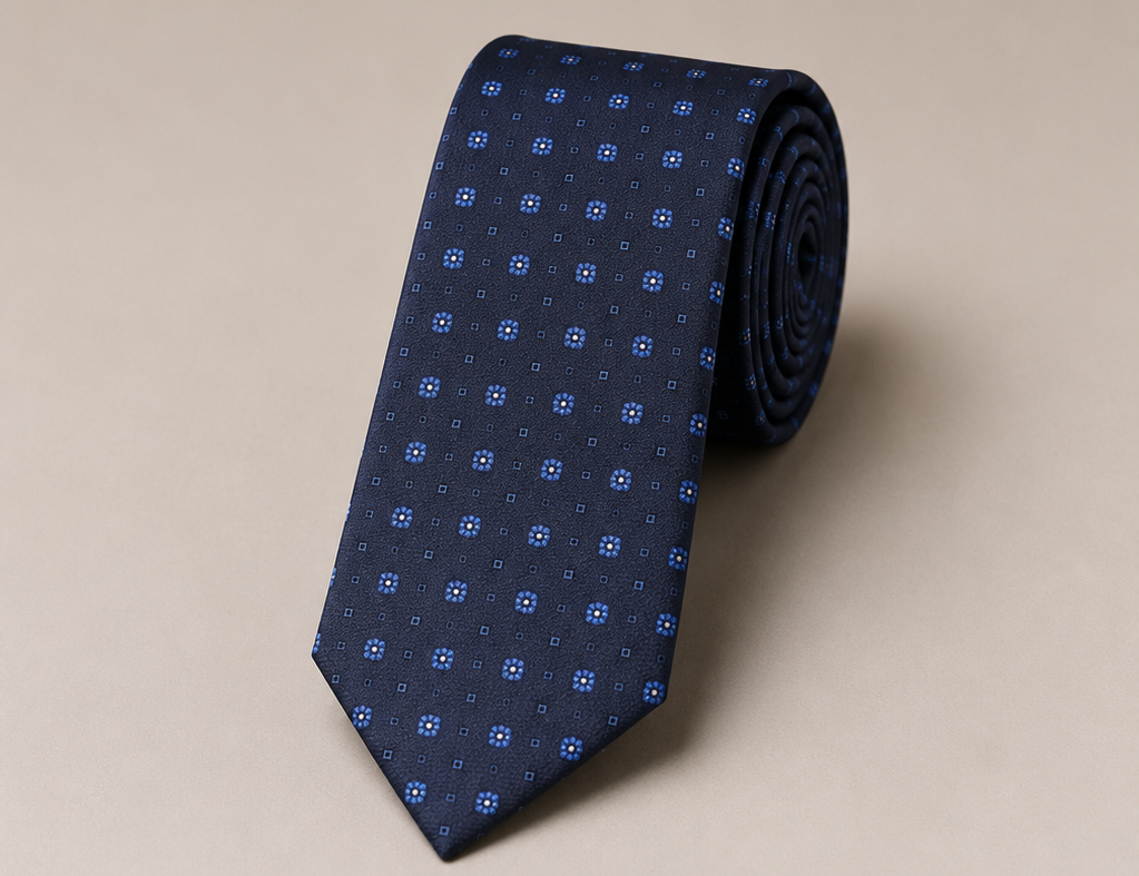 Navy men's tie with light-blue floral foulard motif — Mario Barutti Dubai