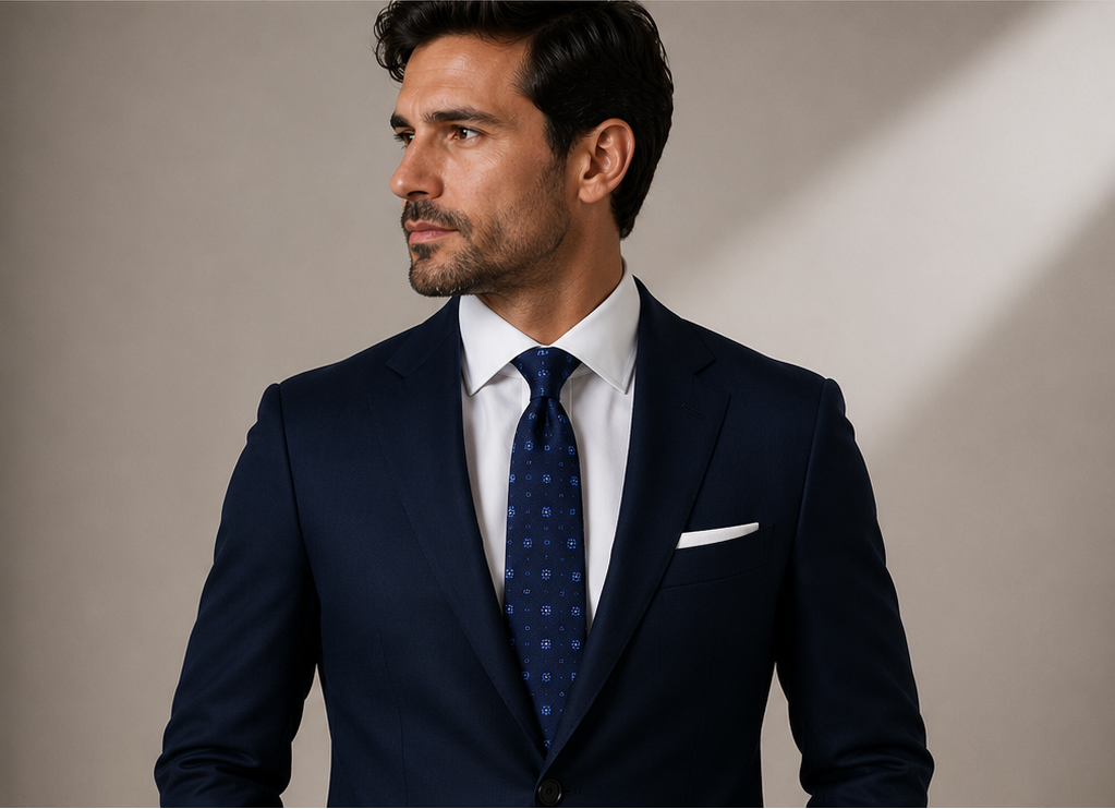 Navy men's tie with light-blue floral foulard motif — Mario Barutti Dubai