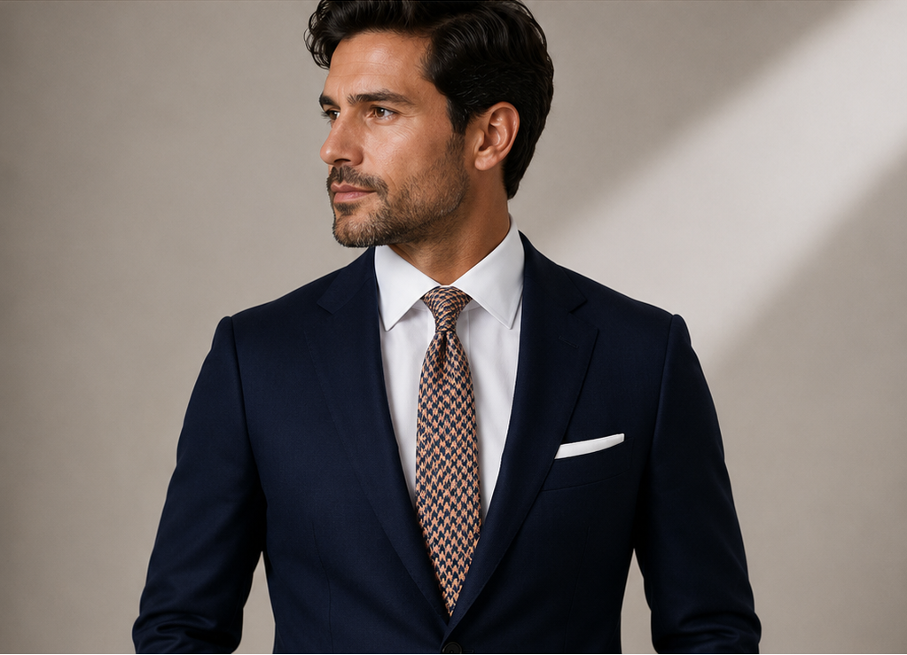 Navy and gold houndstooth men's tie — Mario Barutti Dubai