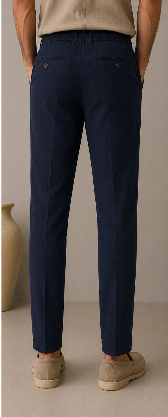 Mario Barutti navy linen drawstring trousers with MB monogram, back view, Mario Barutti Dubai