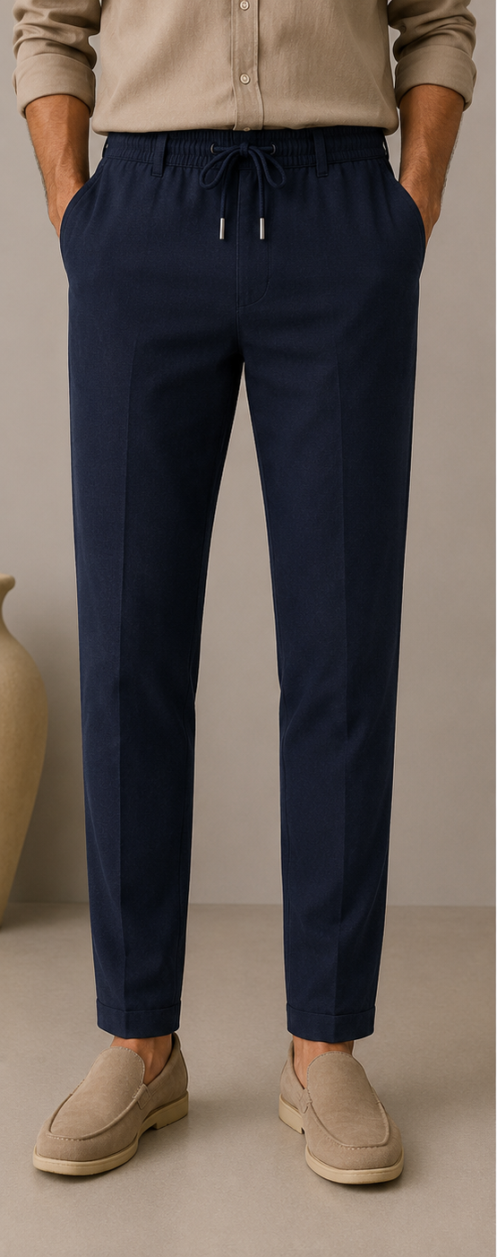 Man wearing Mario Barutti navy linen drawstring trousers, front view, Mario Barutti Dubai
