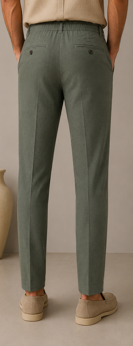 Mario Barutti olive linen drawstring trousers with MB monogram, back view, Mario Barutti Dubai