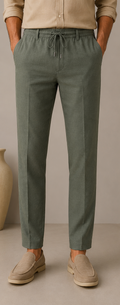 Man wearing Mario Barutti olive linen drawstring trousers, front view, Mario Barutti Dubai