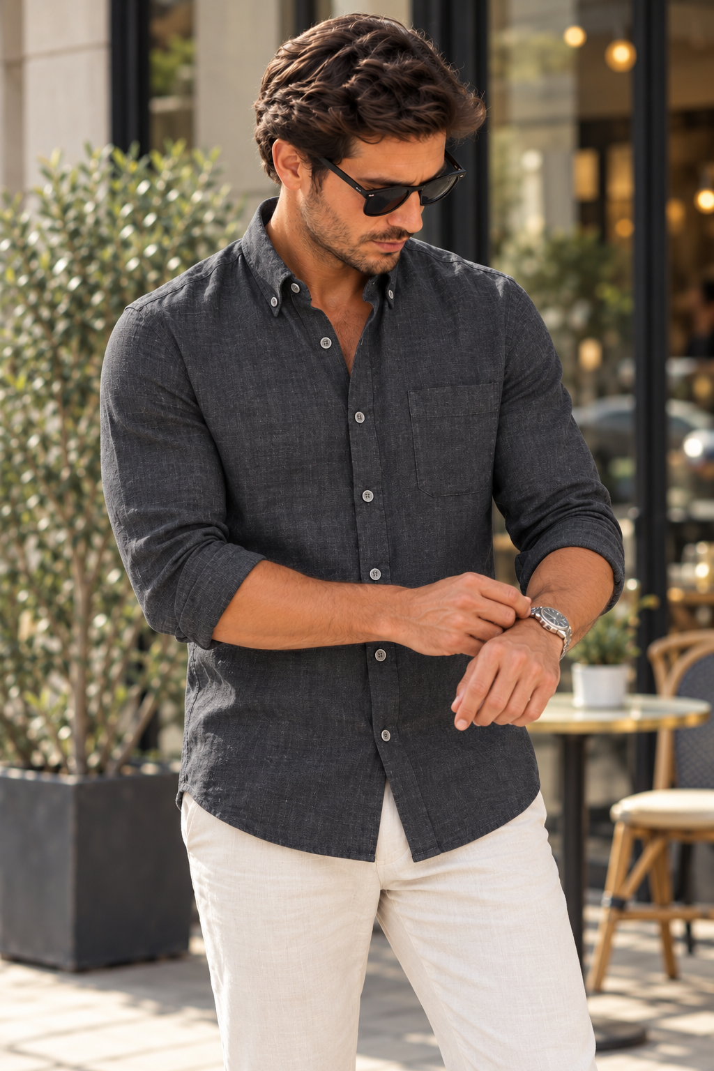 Casamoda Casual Fit Linen Shirt — Charcoal Black