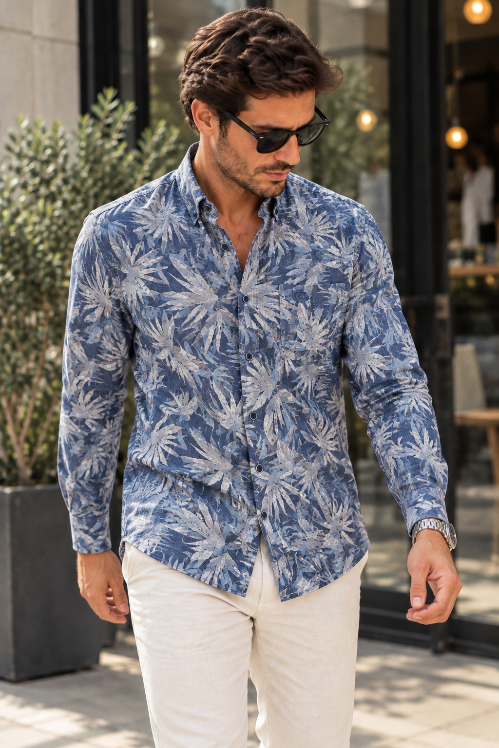 CASAMODA Tropical Print Linen Blend Long Sleeve Shirt
