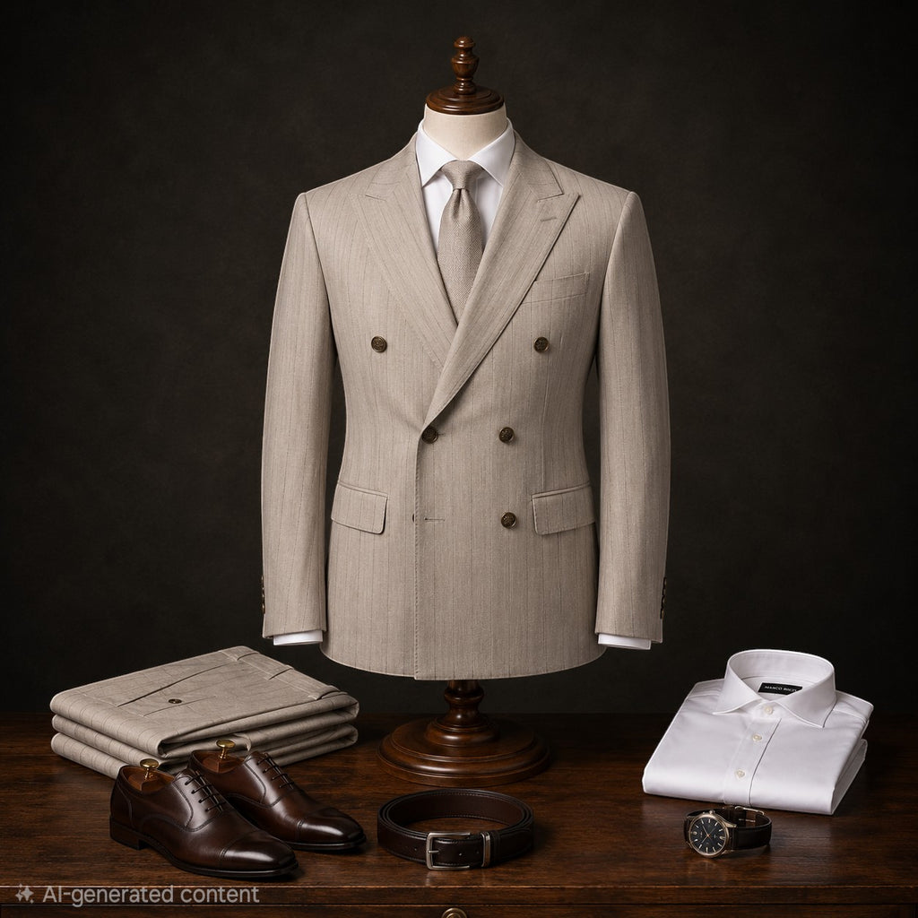 Marco Ricci beige pinstripe double-breasted suit with peak lapels.